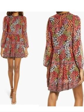 Saylor Talley Dark Floral Blouson Sheer Mini Dress Boho Cottagecore Whimsical